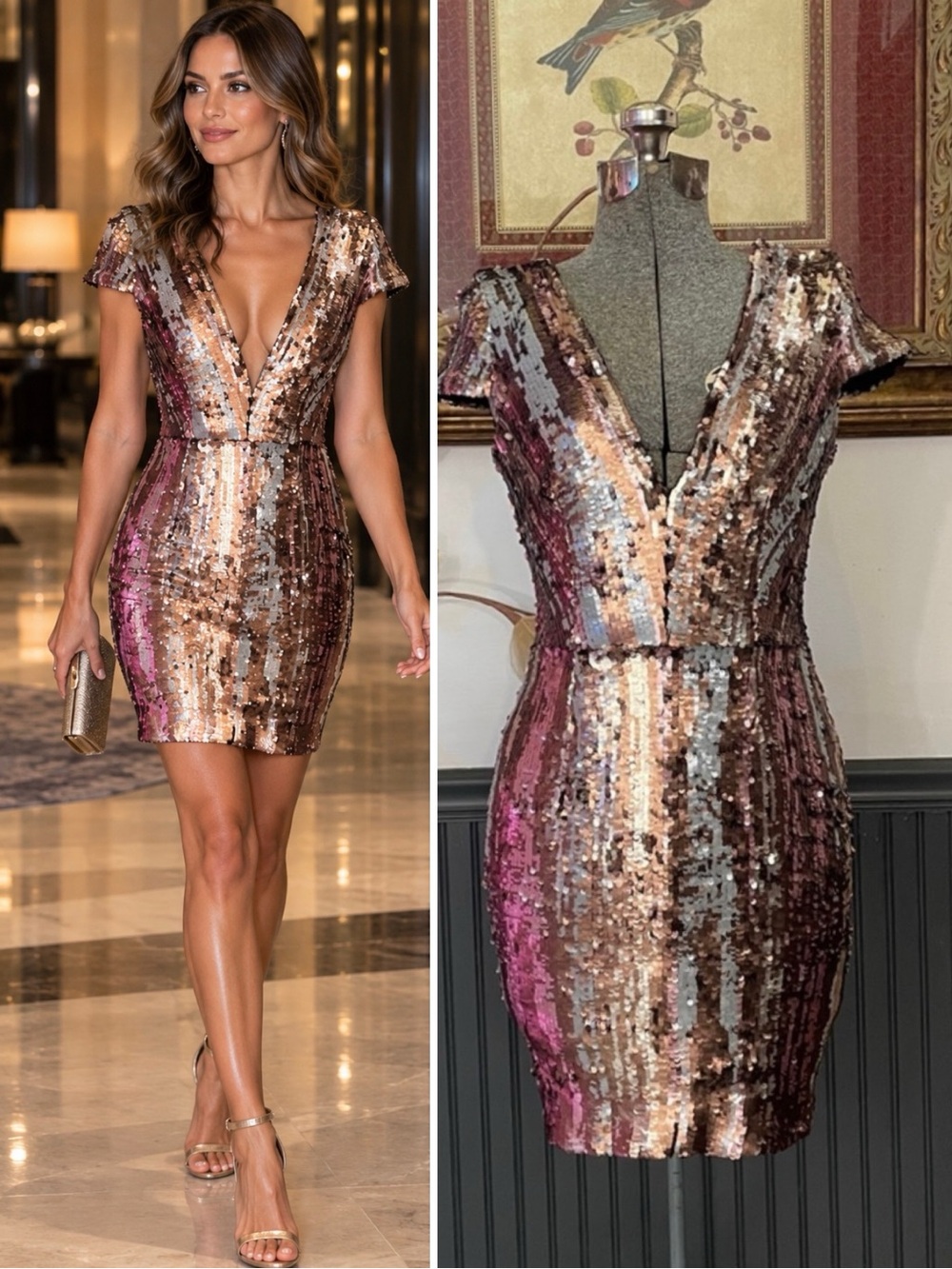 Dress the Population Zoe Dimensional Sequin Plunge Mini Dress Sz S 🧡🎀